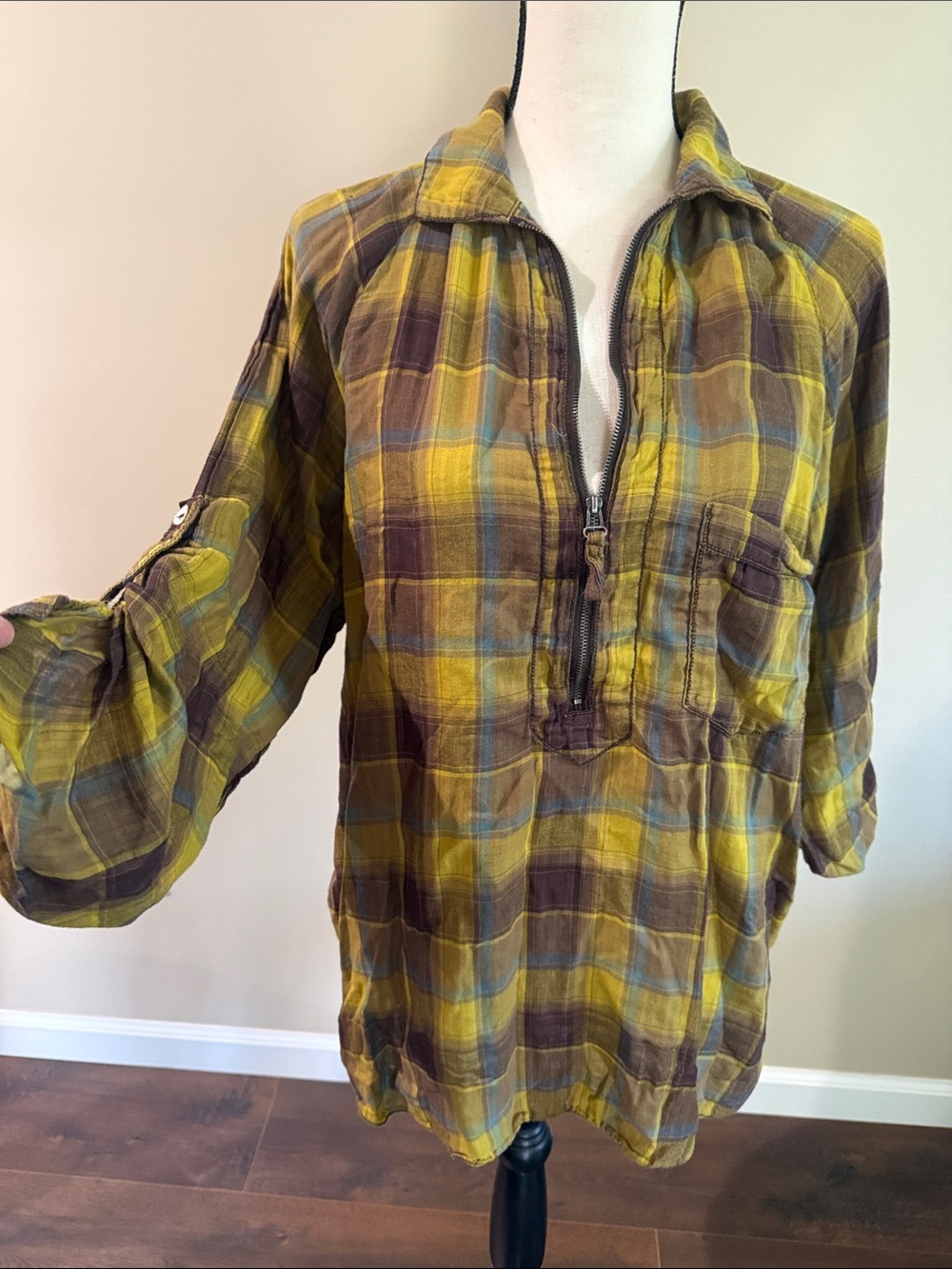 Max Studio Soft Plaid Yellow Brown Cotton Pullover Half Zip Size Small
